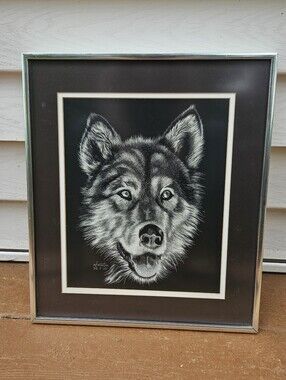 Framed Black & White Wolf Print By Sid Mountain 1990 15.5" x 13.25"